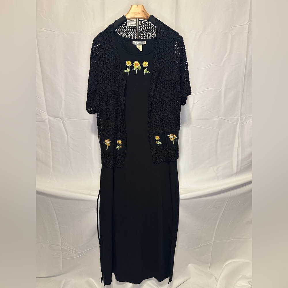 Dressbarn Cottagecore Sunflower Black Maxi Dress & Matching Embroidered Cardigan